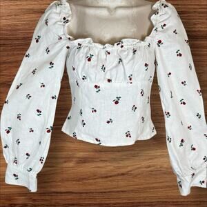 Reformation Reign 100% Linen White Top Sz 2 Floral Print Long Sleeves Ruffled